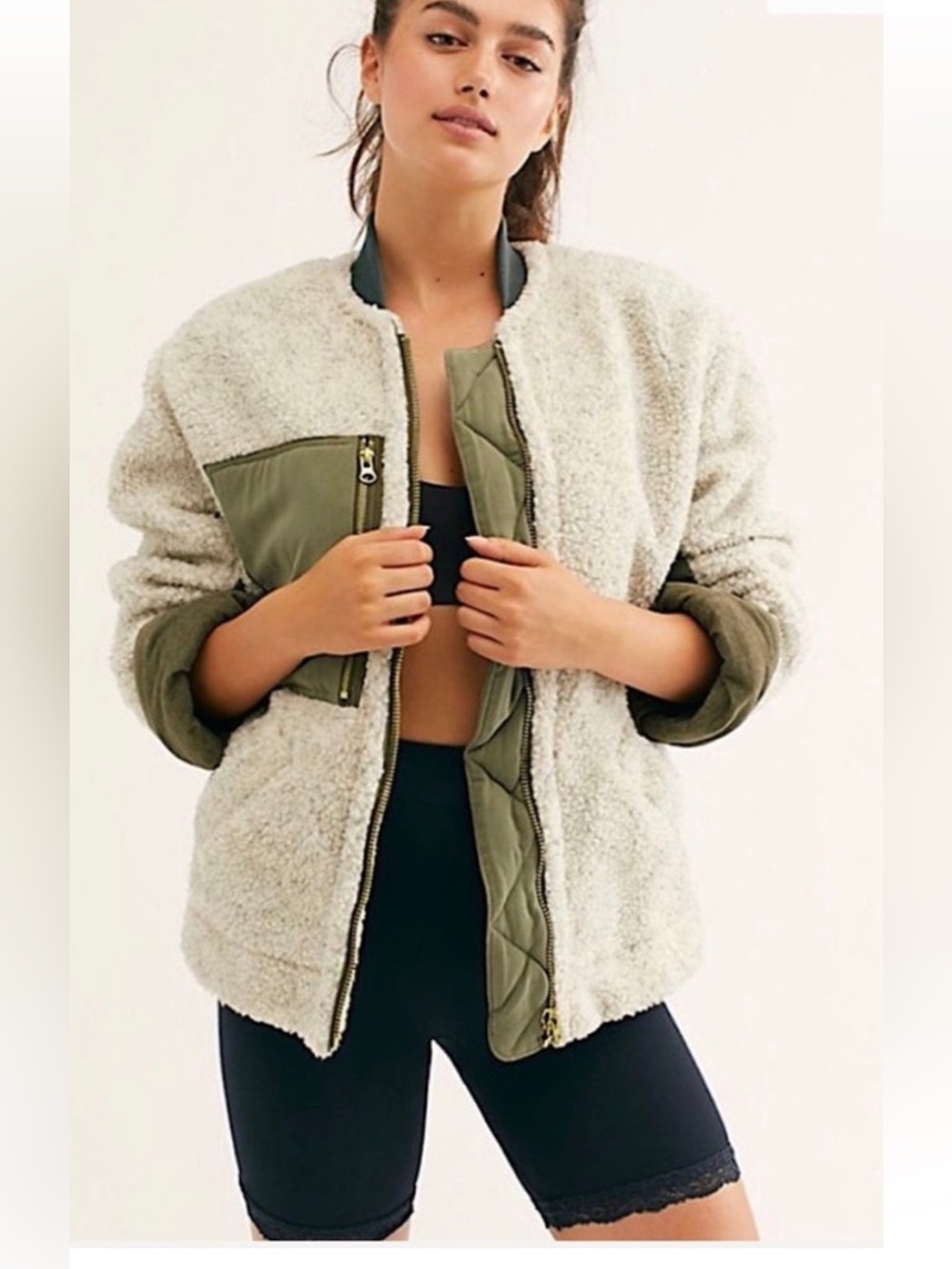 Free People Rivington Sherpa Jacket with Olive Trim